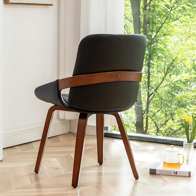 Mid Century Modern Faux Leather Upholstered Dining Chairs,Armless Accent Chairs with Sturdy Natural Wood Legs,Bamboo Backrest Support for Kitchen&Dining Room Chairs(Set of 2,Black PU)