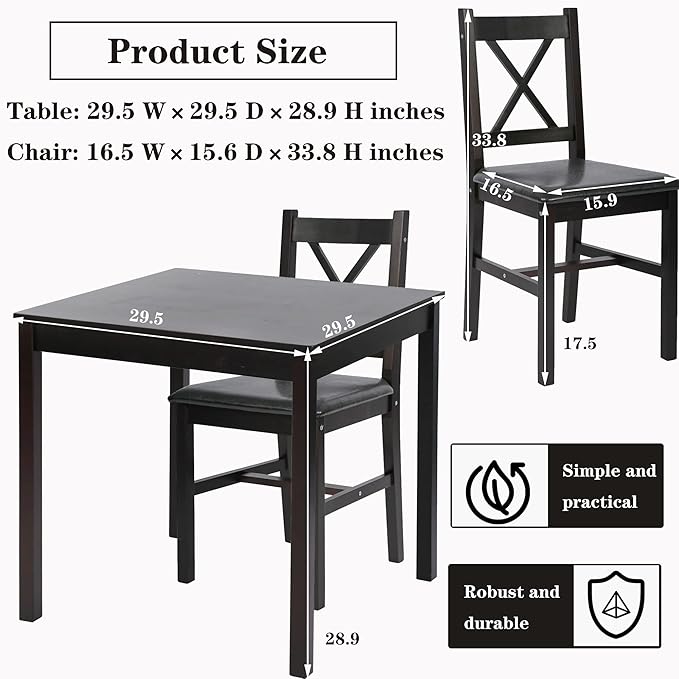 3-Piece Solid Wood Kitchen Table Set for 2 | Pine Dining Table with Upholstered Chairs | Space-Saving Design | Smooth Easy-to-Clean Surface | for Dining Room, Apartment, Restaurant, Dark Brown