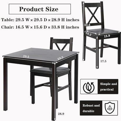 3-Piece Solid Wood Kitchen Table Set for 2 | Pine Dining Table with Upholstered Chairs | Space-Saving Design | Smooth Easy-to-Clean Surface | for Dining Room, Apartment, Restaurant, Dark Brown