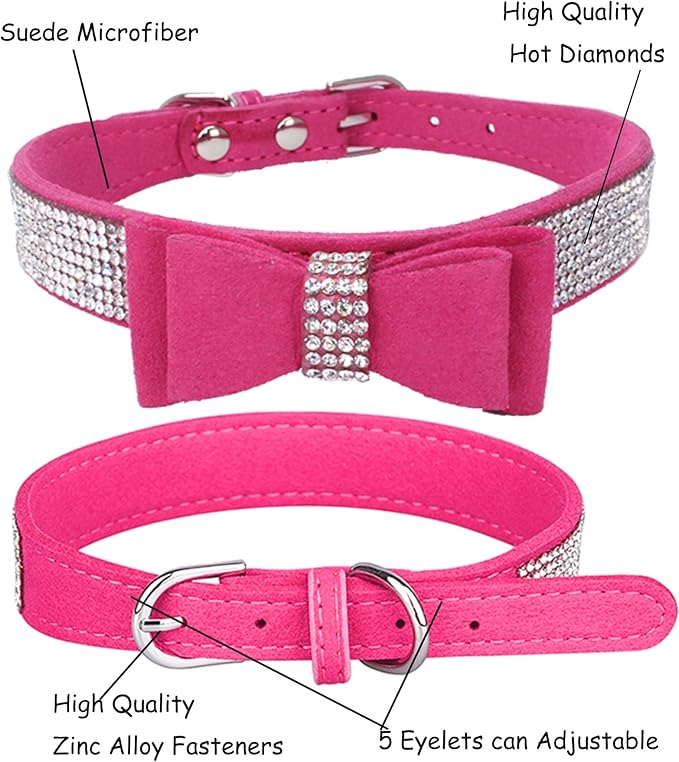 Bling Dog Collar for Small Medium Large Dogs, Crown Rhinestone Dog Collars for Girl and boy Dog, Diamond Puppy Collars, Adjustable Leather Suede SOFE Cat Collar (S(10.6"-13"/27CM-33CM), Rose Red3)