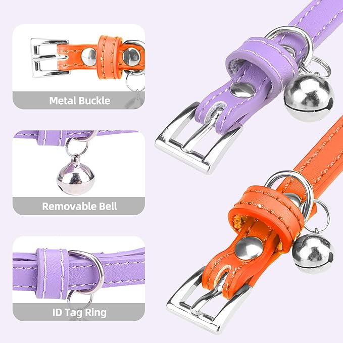 PUPTECK 2 PCS Soft Genuine Leather Cat Kitten Collar with Bells Adjustable for Girl Boy Cats Puppy - Orange, Purple