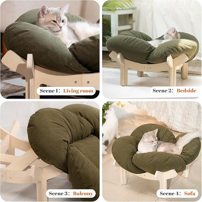 CHEERHOME PETS Elevated Cat Bed Wooden with Cushion Fluffy Pet Couch Sofa for Indoor Cats Raised Kitty Lounge Chair Suitable for Puppy, Cat Furniture(Green)
