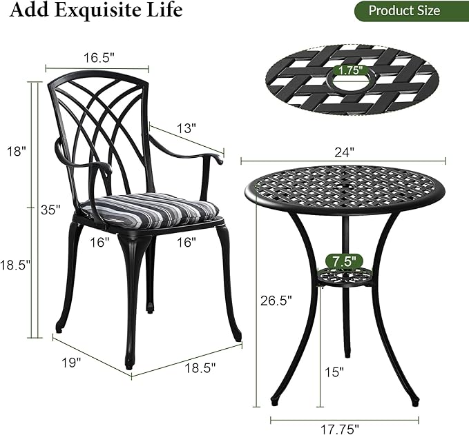 Outdoor Bistro Set 3 Piece Outdoor Bistro Table and Chairs Set Table with Umbrella Hole, Cushions, Cast Aluminum Patio Furniture for Porch, Backyard, Garden, Black