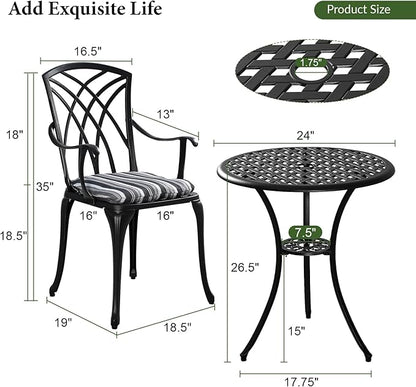 Outdoor Bistro Set 3 Piece Outdoor Bistro Table and Chairs Set Table with Umbrella Hole, Cushions, Cast Aluminum Patio Furniture for Porch, Backyard, Garden, Black