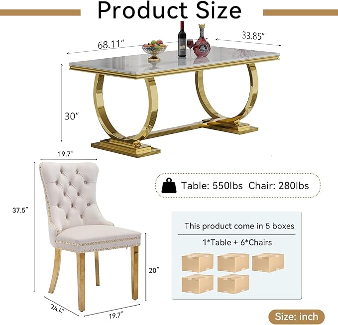 Goujxcy 68" Faux Marble Dining Table Set for 6, 7-Piece Dining Set with White Gold Kitchen Table and 6 Velvet Tufted Chairs, Modern Rectangular Dining Room Table with O-Shape Stainless Steel Base
