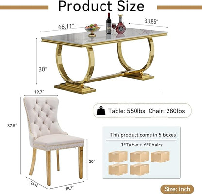 Goujxcy 68" Faux Marble Dining Table Set for 6, 7-Piece Dining Set with White Gold Kitchen Table and 6 Velvet Tufted Chairs, Modern Rectangular Dining Room Table with O-Shape Stainless Steel Base