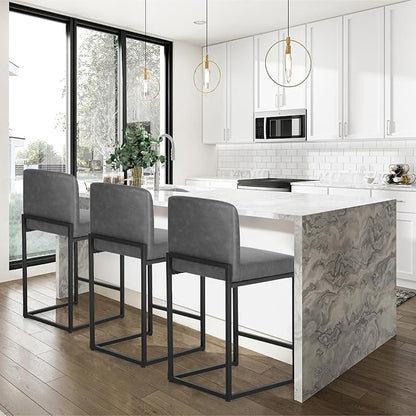 PHI VILLA Grey Bar Stools Set of 4 - Counter Height 24'' Bar Stool Pu Leather Kitchen Modern Bar Chairs, Bar Stools with Back