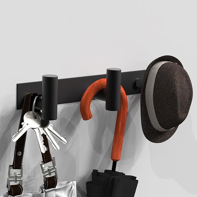 VAEHOLD Black Hat and Coat Wall Mount Rack - 3 Hooks for Robes, Bags, Keys, and Towels - Bathroom Towel Hanger Organizer (2 Pack)
