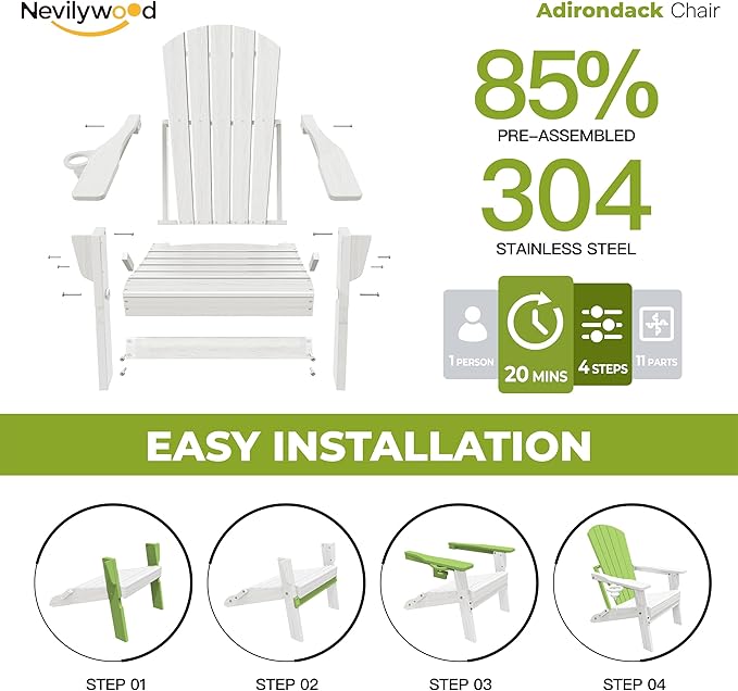 nevilywood Folding Adirondack Chair, Ergonomic Extended Backrest, HDPE All-Weather, 380lbs Capacity, Maintenance-Free, Cup Holder, （White）- Outdoor Patio & Firepit Chair