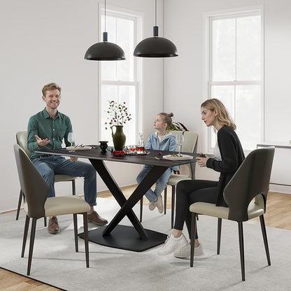 63" Modern Dining Table for 4-6 People, Black Sintered Stone Table Top with X-Shape Carbon Steel Pedestal, Large Rectangular Table for Kitchen Living Room