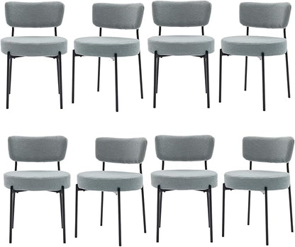 Grey Boucle Dining Chairs Set of 8, Upholstered Dinner Chair with Metal Frame, Dining Room Chairs with Padded Seat, Round Modern Seating for Living Room