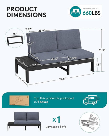 SERWALL HDPE Outdoor Furniture Set, Loveseat and Coffee Table, All Weather Patio Sofas, Seats 2, Outdoor Sectional Sofa for Backyard, Balcony, Black Frame with Grey Cushion
