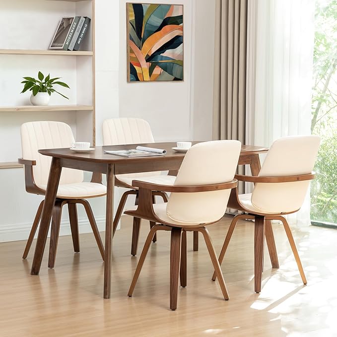 Swivel Dining Chairs Set of 4, Mid Century Modern Dining Chairs with Walnut Craftsmanship, Upholstered Faux Leather , Wooden Arms and Legs, Kitchen Chairs with Arms for Kitchen/Living Room - Beige