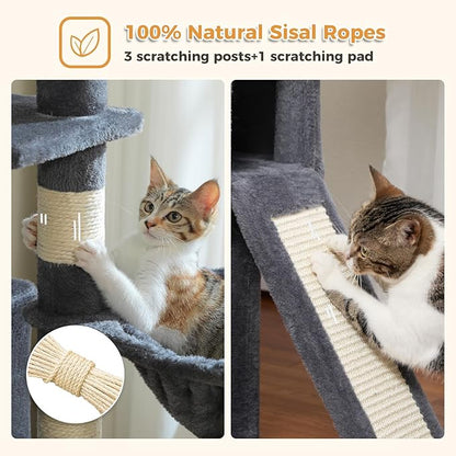 PAWZ Road Cat Tree, 51.6 Inches Cat Tower with Dual Condos, Spacious Perch, Cozy Basket and Sisal-Covered Scratching Posts for Small Cats and Kittens- Dark Gray