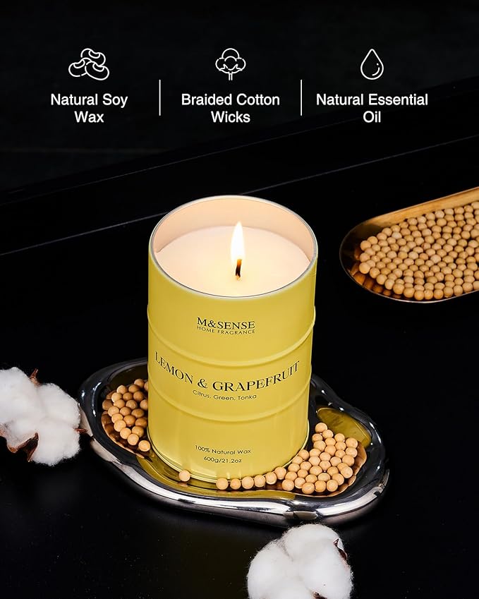 M&SENSE Lemon Candle Large for Home Scented, Lemon Soy Candles 21.2oz 120 Hour Slow Burning, Highly Scented Limoncello Grapefruit Citrus Candles for Bathroom, Fresh Smelling Candle