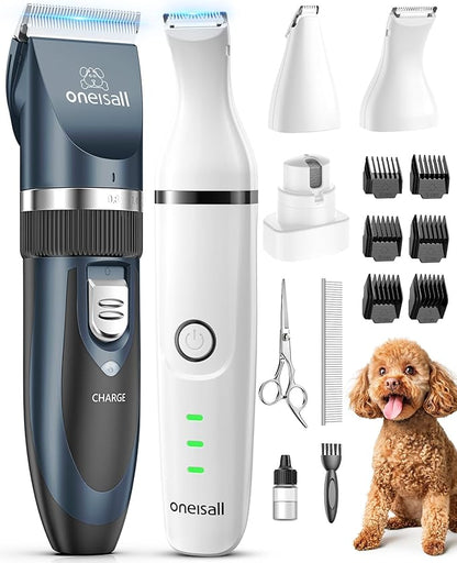 oneisall Dog Clippers and Paw Trimmer Kit 2 in 1 Low Noise Cordless Dog Clippers for Grooming Pet Hair Trimmers for Small and Large Dogs Cats Animals