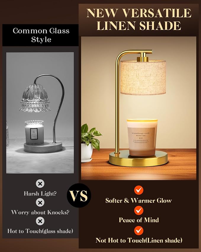 Candle Warmer Lamp with Timer Dimmer, Candle Lamp Warmer with Linen Shade - Birthday House Warming Gift for Women Mom Her - New Home Decor for Bedroom with 2 Bulbs (Gold)