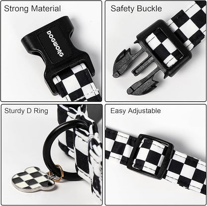 DOGWONG Checkered Dog Collar, Black Plaid Dog Collar Adjustable Soft Natural Fabric Pet Dog Collars Cute Puppy Necklace for Small Medium Large Dogs