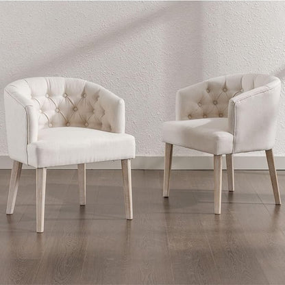 DUOMAY Modern Tufted Dining Chairs Set of 4, Linen Upholstered Side Chair, Comfy Accent Barrel Chair with Wood Legs for Home Kitchen Dining Room Living Room Restaurant, White