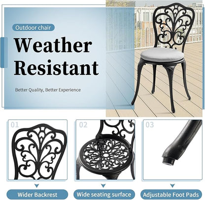 Patio Bistro Set 3 Piece with Cushions, All Weather Bistro Table and Chairs Set of 2 with Umbrella Hole, Outdoor Bistro Set, Cast Aluminum Patio Furniture Set for Garden Porch, Black