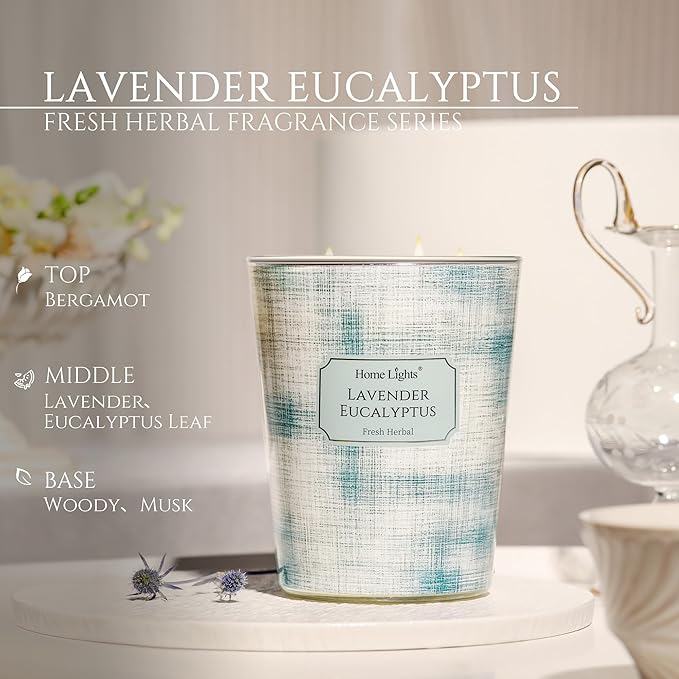 HomeLights 3-Wick Candles for Home Scented - 34oz Soy Wax Blend Candle Long-Lasting Fragrance, Scandinavian Minimalist Design Home Decor and Housewarming Gifts, Lavender Eucalyptus