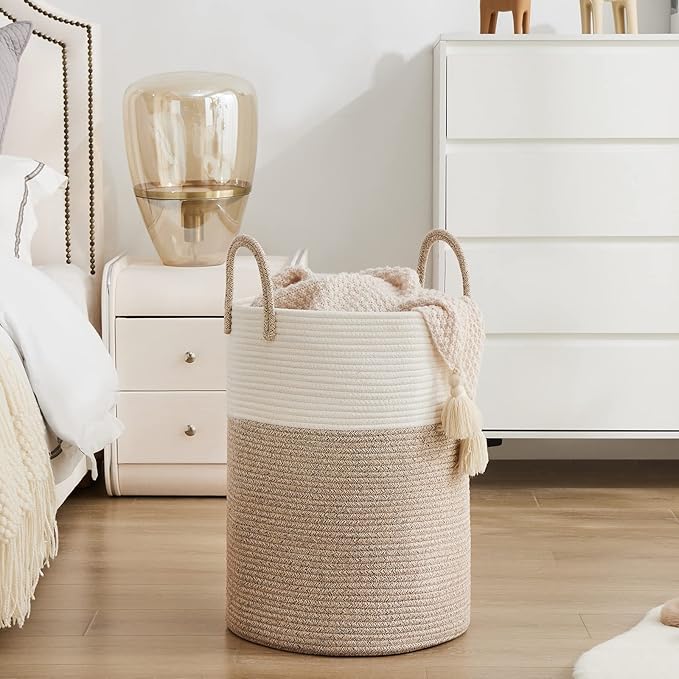 YOUDENOVA Woven Rope Laundry Hamper Basket, 72L Tall Luandry Basket, Baby Nursery Hamper for Blanket Storage in Bedroom-Large-Brown