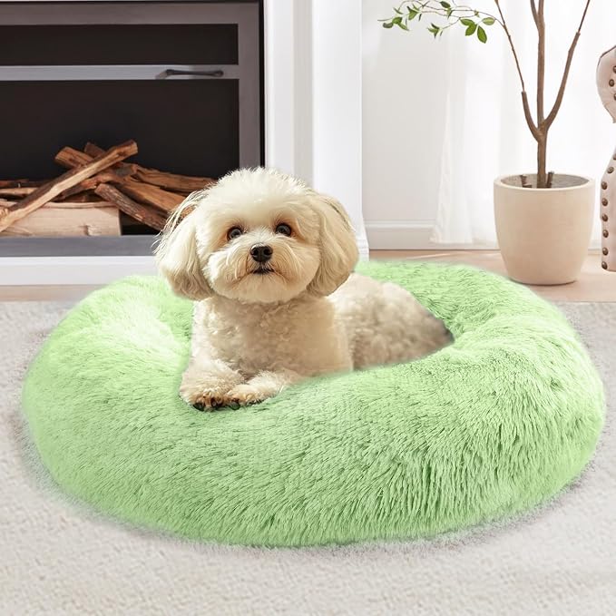 JOLLYVOGUE Calming Dog Bed Medium Size Dog, 31in Donut Washable Medium Pet Bed, Anti-Slip & Anti-Anxiety Fluffy Faux Fur Round Dogs Bed, Fits up to 45 lbs Pets (Light Green)