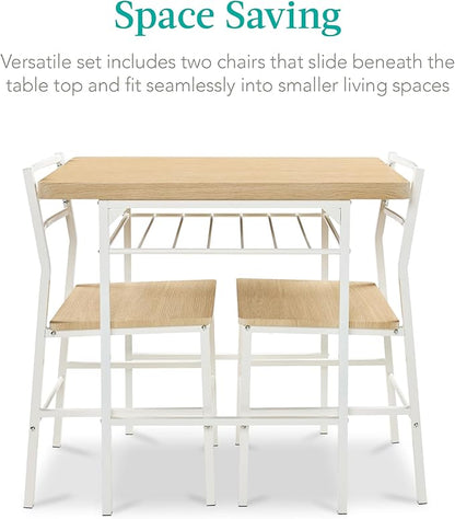 Best Choice Products 3-Piece Modern Dining Set, Space Saving Dinette for Kitchen, Dining Room, Small Space w/Steel Frame, Built-in Storage Rack - Natural/White