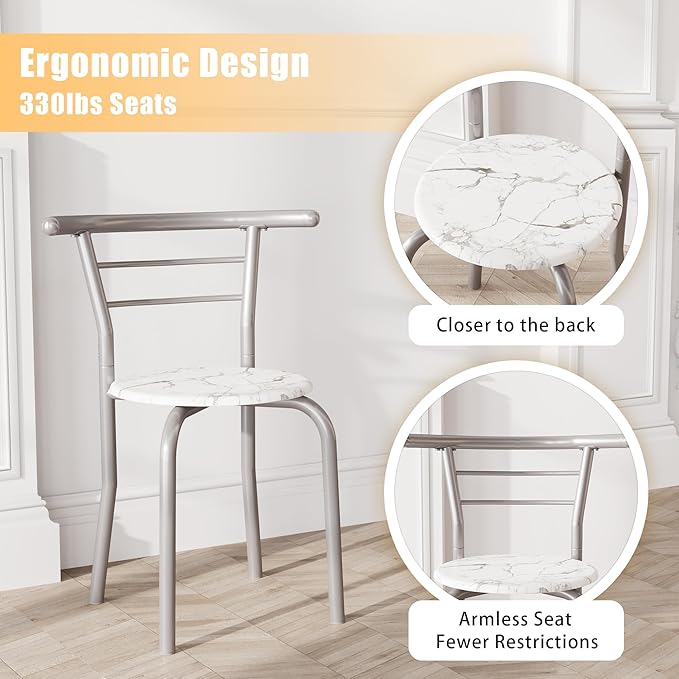 JUMMICO 3-Piece Wooden Round Table & Chair Set, Space Saving Kitchen Breakfast Nook Wood Grain Tabletop with Metal Frame and Built-in Wine Rack for Kitchen, Dining Room (White/Silver)