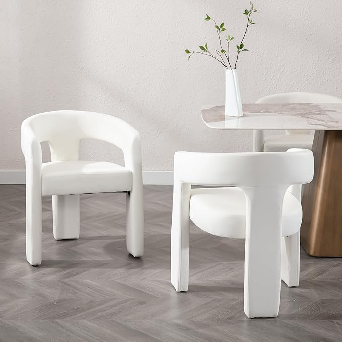 Set of 2 Modern PU Leather Upholstered Dining Chairs with Open-Back, Cute Barrel Side Chairs Kitchen Armchair Accent Chairs for Dining Room Bedroom, White