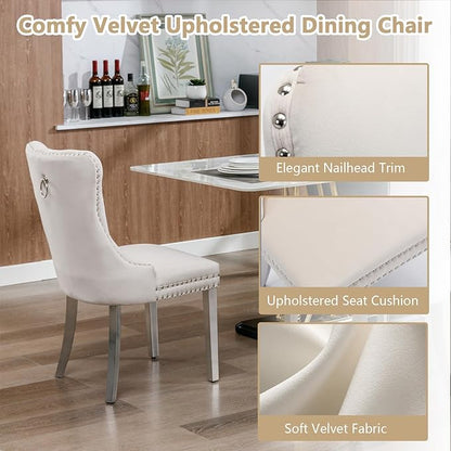 Goujxcy Luxury Dining Table Set for 6 Modern 7 Piece Faux Marble Dining Table Set with 6 Tufted Upholstered Chairs, 70" Faux Marble Kitchen Table & 6 Chairs with Mirrored Stainless Steel Base