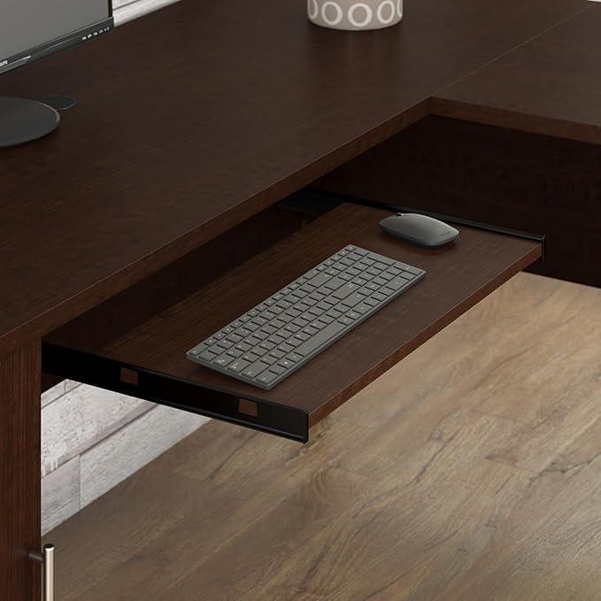 Bush Furniture Somerset L Shaped Desk with Hutch in Maple Cross | Corner Computer Table with Drawers, Cabinets and Pullout Keyboard/Laptop Tray for Home Office