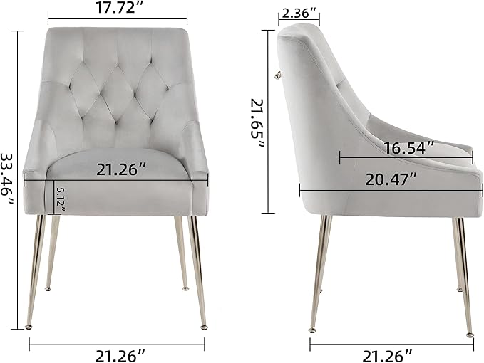 Modern Dining Chairs Set of 2, Mid Century Dining Chairs with 5.12” Cushions and Golden Legs, Velvet Upholstered Dining with Back Pull Rod, for Kitchen, Living Room, Grey