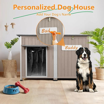 55" L Extra Large Dog House Outdoor with Window, XL Dog House Pet Shelter for Large Breed with Anti-Chewing Frame, Openable Roof, Removable Floor, 10 Support Feet for Medium to Large Dogs
