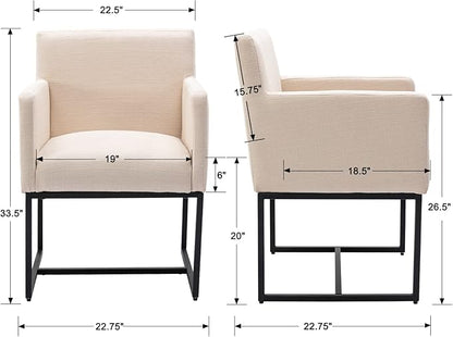 Linen Upholstered Dining Chairs with Arms Set of 2, Mid Century Modern Kitchen Chairs with Black Metal Frame Accent Armchairs Padded, Cream