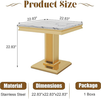 Faux Marble End Table, White Square Side Table with Golden Pillar Stainless Steel Base, Modern Accent End Table for Living Room, Office, Easy Assembly