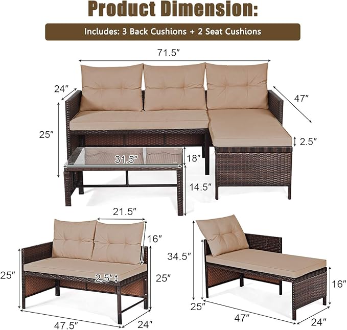 Tangkula Patio Corner Sofa Set 3 Piece, Outdoor Rattan Sofa Set, Includes Lounge Chaise, Loveseat & Coffee Table, Patio Garden Poolside Lawn Backyard Furniture
