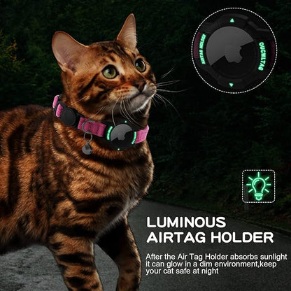 Luminous AirTag Cat Collar Breakaway, OUCWLTAG GPS Cat Collar with Apple Air Tag Holder, Cat Tracker Collars with Safety Elastic Band for Girl Boy Cats, Kittens and Puppies (Pink, 9-13 Inch)
