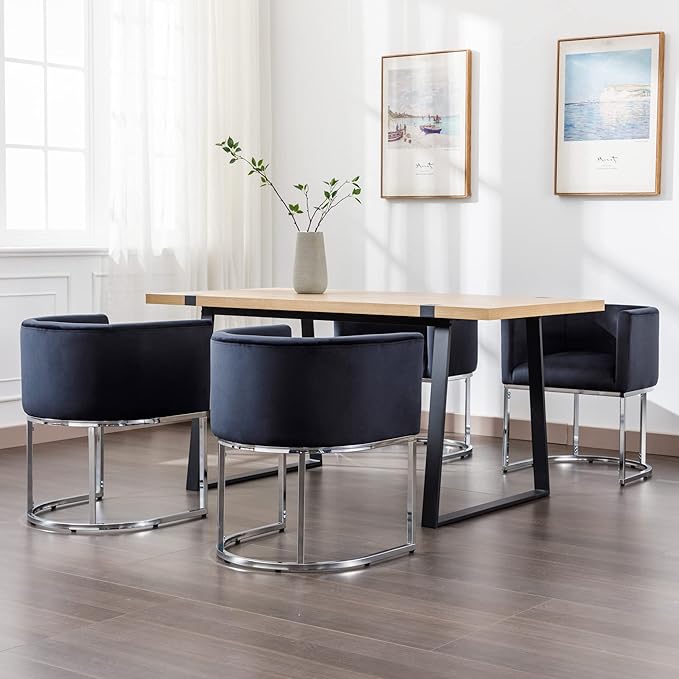 Velvet Dining Chair Modern Barrel Arm Chairs with Chrome Metal Frame, Upholstered Kitchen Chairs 18.5" Wide Accent Chair for Living Room Dining Room Restaurant, Black