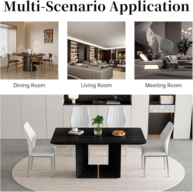 63" Modern Black Dining Table Set for 6 with Chairs, 7 Piece Rectangular Dining Room Table and 6 PU Leather Chairs, Kitchen Dining Set with Matte Wood Finish, Geometric Base, Easy Assembly