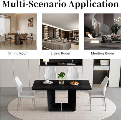 63" Modern Black Dining Table Set for 6 with Chairs, 7 Piece Rectangular Dining Room Table and 6 PU Leather Chairs, Kitchen Dining Set with Matte Wood Finish, Geometric Base, Easy Assembly