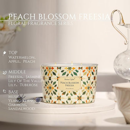 HomeLights Soy Wax Candles for Home Scented, 4-Wick Candles in Peach Blossom Freesia Scented, Aromatherapy Candles Gift for Parties, Relaxing, Bohemian Natural Textures, 18oz