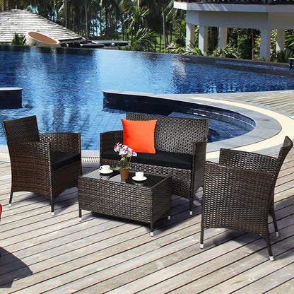 Tangkula 4 Pieces Patio Rattan Conversation Set, Outdoor Wicker Furniture with Tempered Glass Coffee Table & Thick Cushion, Rattan Chair Wicker Set for Garden, Lawn, Poolside and Backyard (1, Black)