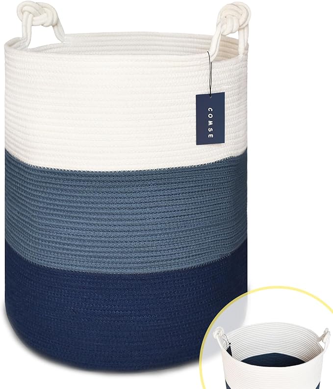COMSE Extra Large Blanket Basket, Tall Woven Storage Basket, Nursery Hamper, 15.7”x 21.7”, Cotton Rope Laundry Hamper for Toys Clothes Towels, White/Cadet Blue/Navy Blue