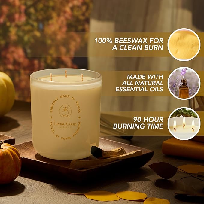 Fall Fresh Cinnamon Bark Essential Oil - Warm & Spicy Pure Beeswax Candle - 90+ Hours Long Burning - Non-Toxic Scented Candles for Autum Home Decor & Aromatherapy for Anxiety Relief - Natural - 15 OZ