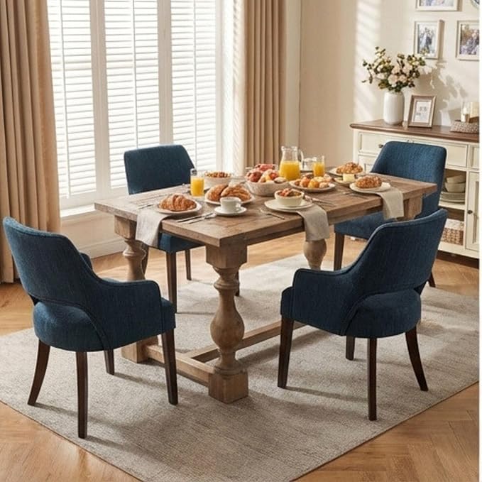Linen Dining Chairs Set of 6 Upholstered Farmhouse Kitchen Chair with Arms Accent Chairs Side Chair with Wood Legs for Living Room/Dining Room/Bedroom/Restaurant, Blue