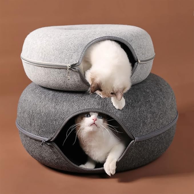Cat Tunnel Bed for Indoor Cats with 3 Toys, Scratch Resistant Donut Cat Bed, Up to 9 Lbs (M 20x20x9, Light Grey)