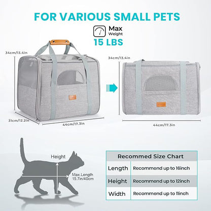 Morpilot Portable Cat Carrier - Soft Sided Cat Carrier for Medium Cats and Puppy up to 15lbs, Pet Carrier with Locking Safety Zippers, Foldable Bowl, Airline Approved Travel Dog Carrier - Light Gray
