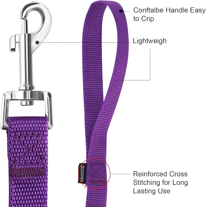 AMAGOOD 6 FT Puppy/ Dog Leash, Strong and Durable Traditional Style Leash with Easy to Use Collar Hook, Great for Small, Medium and Large Dogs (1 in x 6 ft(Pack of 1), Purple)