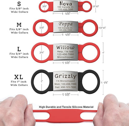 Anavia Slide On Silent Pet ID Tags, S/M/L/XL Personalized Multi-Color Silicone Band Cat Dog Name Tags, Customized Engraved Stainless Steel, Chew-Proof Quiet Dog Collar Tags (Large, Red)